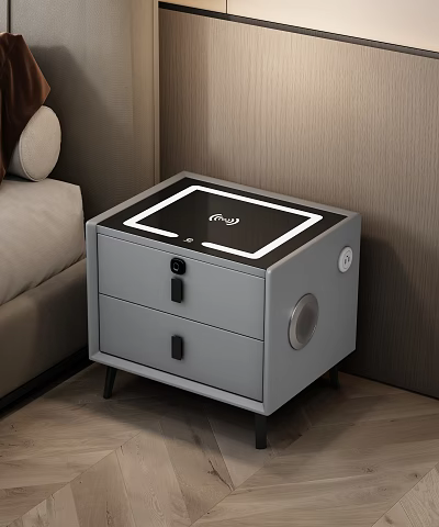 Modern Gray Nightstand With Two Drawers Illuminated Top And Circular Control Button 3d model