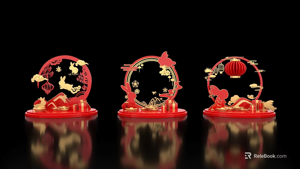 Chinese Traditional Red Gold Decorative Ornaments With Circular Rabbit Lantern Mountain Cloud Patterns 3d model