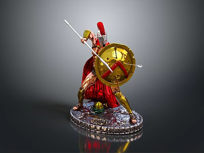 Roman Warrior Statue With Cross Shield Spear Red Cloak And Green Sphere Base 3d model