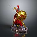 Roman Warrior Statue With Cross Shield Spear Red Cloak And Green Sphere Base 3d model