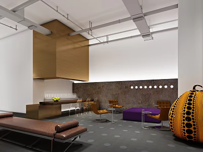 Modern Break Room Interior With Wooden Counter Purple Sofa And Decorative Orbs 3d model