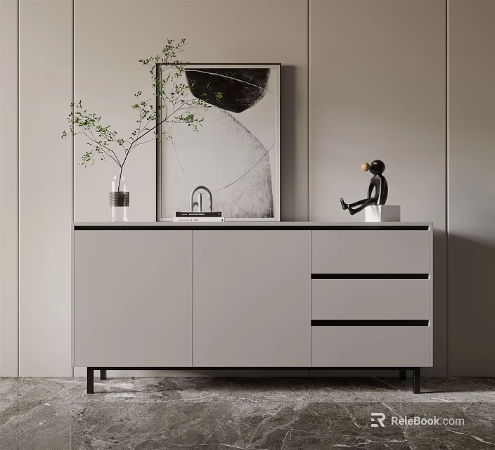 Modern Light Gray Console Side Cabinet with Drawers and Decorative Items in Entryway 3d model