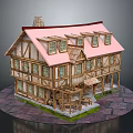 Traditional Style Log Cabin Featuring Pink Roof Wooden Frame Multiple Windows And Porch Area