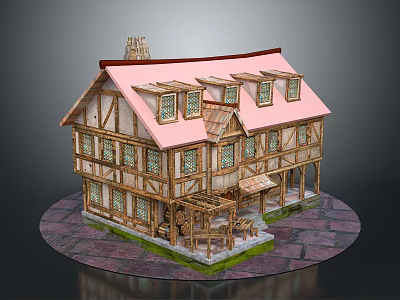 Traditional Style Log Cabin Featuring Pink Roof Wooden Frame Multiple Windows And Porch Area 3d model
