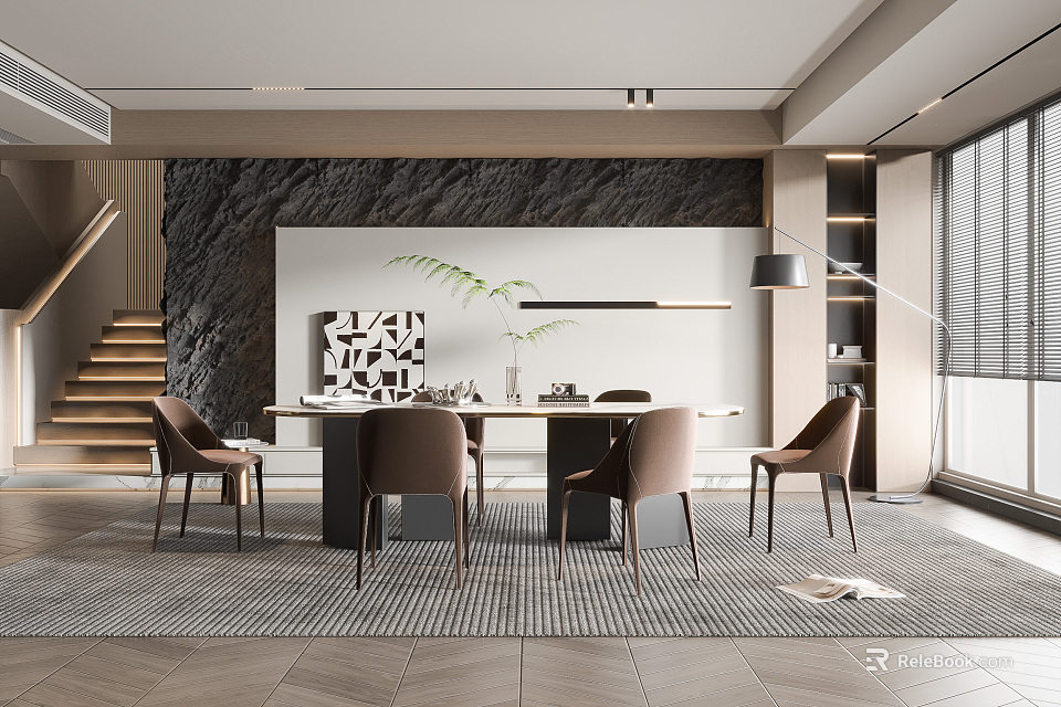 Modern Restaurant Interior Featuring Black Rock Wall Dining Table Chairs Green Plant Gray Rug Staircase 3d model 