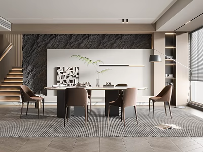 Modern Restaurant Interior Featuring Black Rock Wall Dining Table Chairs Green Plant Gray Rug Staircase 3d model