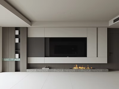 Modern TV Wall Design With Gray White Cabinets Black Screen Fireplace Flames And Bookshelves 3d model