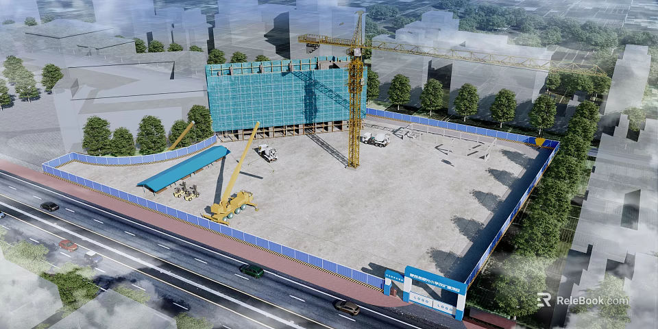 Active Construction Site Featuring Blue Safety Netting Tower Crane And Machinery In Urban Setting 3d model 
