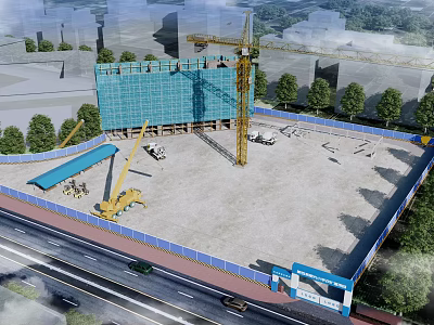 Active Construction Site Featuring Blue Safety Netting Tower Crane And Machinery In Urban Setting 3d model