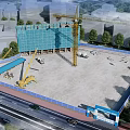 Active Construction Site Featuring Blue Safety Netting Tower Crane And Machinery In Urban Setting