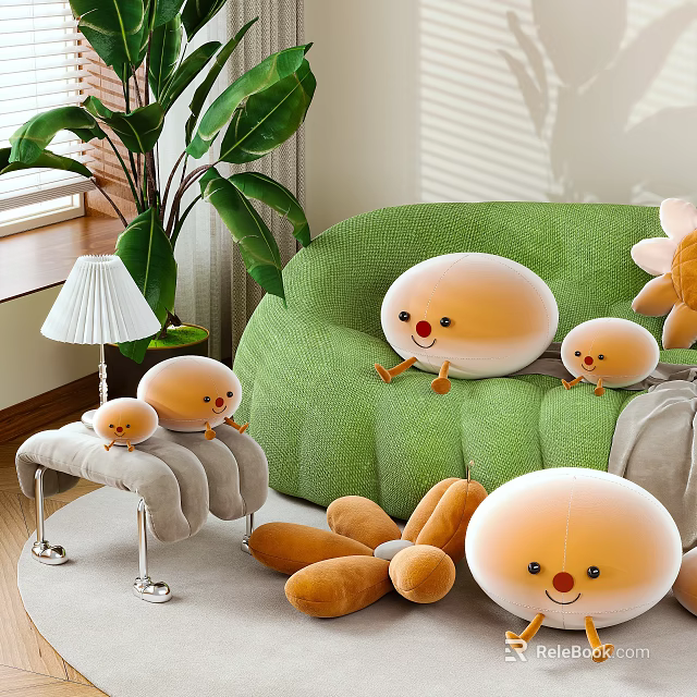 Cute Plush Dolls Round Shaped With Smiling Faces On Green Sofa And Living Room Decor 3d model 