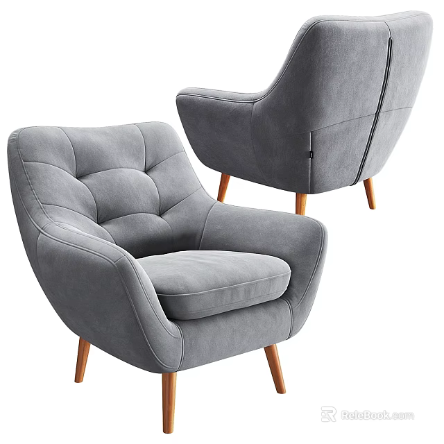 Gray Velvet Lounge Chair with Tufted Back and Wooden Legs Modern Design 3d model 