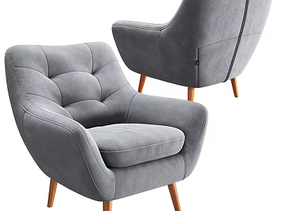 Gray Velvet Lounge Chair with Tufted Back and Wooden Legs Modern Design 3d model