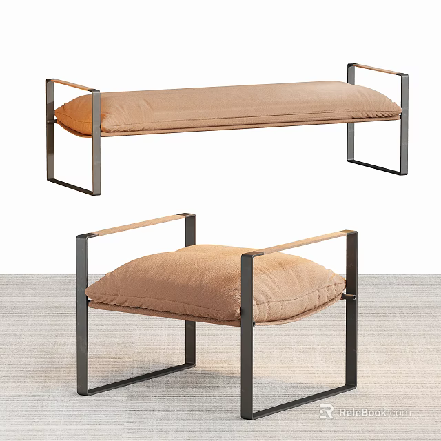 Modern Black Metal Frame Stool and Bench with Beige Fabric Cushion for Home Decor 3d model 