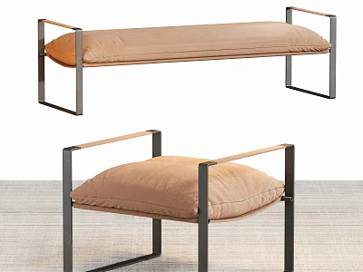 Modern Black Metal Frame Stool and Bench with Beige Fabric Cushion for Home Decor 3d model