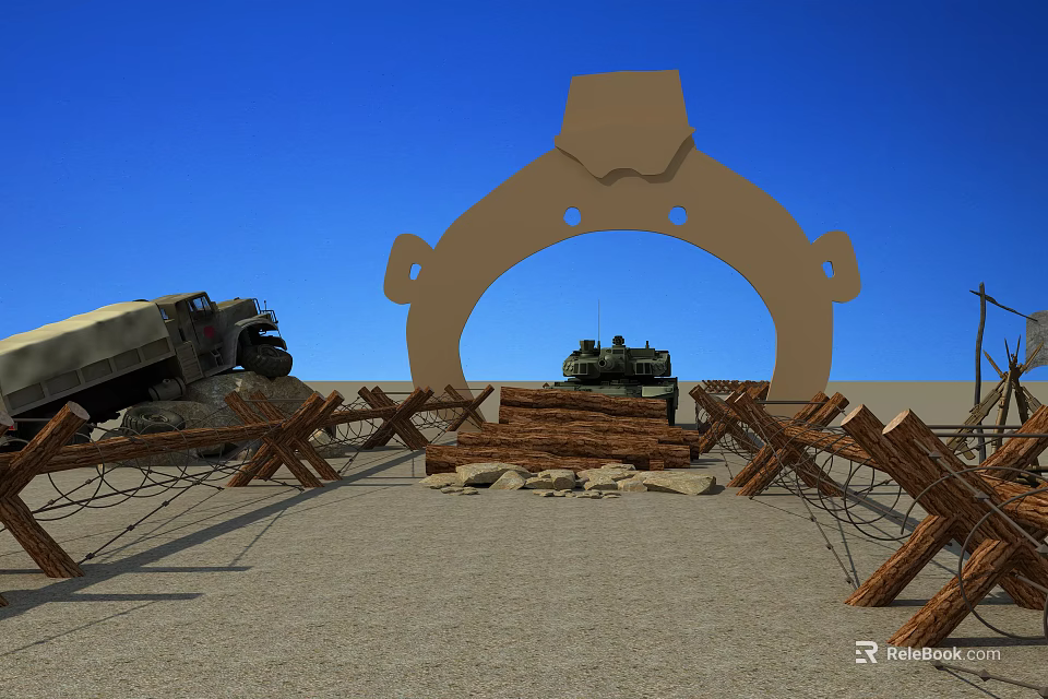 Military Tank Behind Arch Structure With Wooden Barriers And Truck Under Blue Sky 3d model 