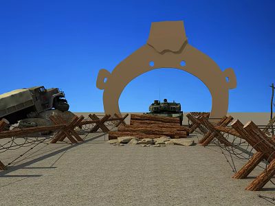 Military Tank Behind Arch Structure With Wooden Barriers And Truck Under Blue Sky 3d model