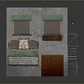 Gray Wall Small House With Green Awnings Wooden Doors Windows Metal Staircase And Cat Sign