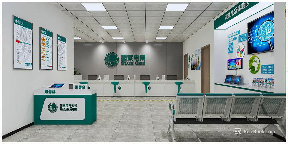 Digital Store Interior With Service Counters Digital Screens And Waiting Seats 3d model 