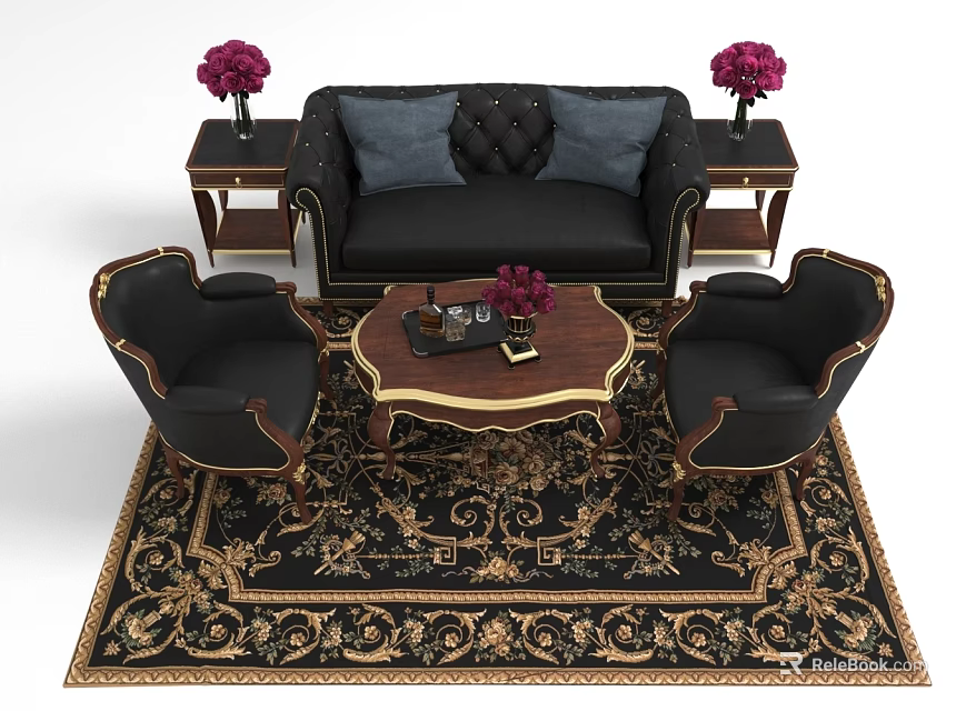 Elegant Sofa Coffee Table Set With Armchairs Ornate Rug And Purple Flowers 3d model 