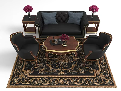 Elegant Sofa Coffee Table Set With Armchairs Ornate Rug And Purple Flowers 3d model