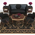 Elegant Sofa Coffee Table Set With Armchairs Ornate Rug And Purple Flowers