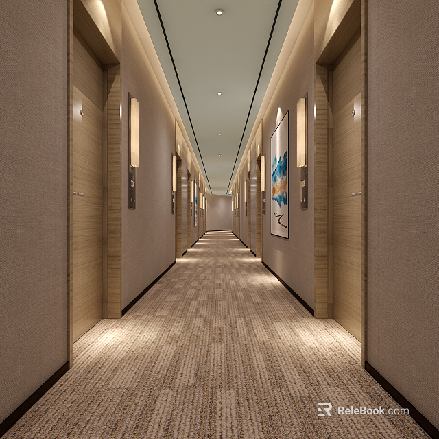 Modern Hotel Corridor With Well Lit Lighting Stripe Carpet And Decorative Artworks 3d model 