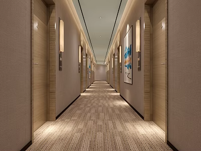Modern Hotel Corridor With Well Lit Lighting Stripe Carpet And Decorative Artworks 3d model