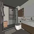 Modern Bathroom Interior With Glass Shower Toilet Stone Vanity Mirror And Wooden Cabinets