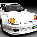 White Racing Car With Wide Body Racing Decals And Rear Wing
