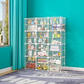 Transparent Multi Layer Storage Cabinet Rack With Toys And Books In Teal Room By Window