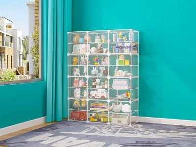 Transparent Multi Layer Storage Cabinet Rack With Toys And Books In Teal Room By Window 3d model