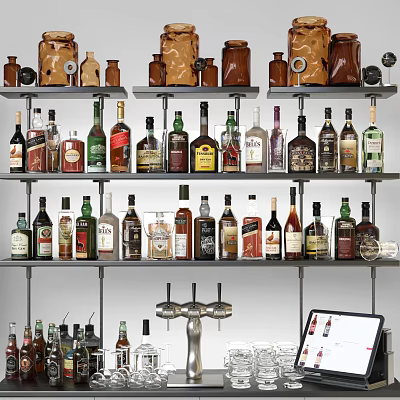 Bottled Beverages Display On Multiple Shelves With Bar Counter Tap And Tablet 3d model