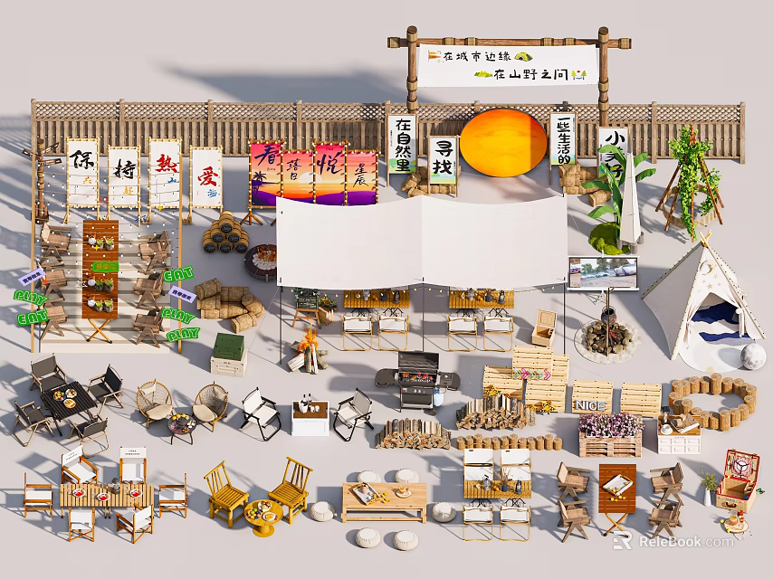 Play Equipment In Wooden Japanese Market Scene With Outdoor Stalls And Flags 3d model 