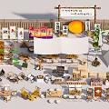 Play Equipment In Wooden Japanese Market Scene With Outdoor Stalls And Flags
