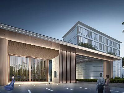 Modern Entrance Gate with Metal Grille Glass Curtain Wall and Green Plants People Around Building 3d model