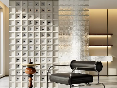 Modern Living Room Black Leather Leisure Chair With Metal Frame And Glass Block Wall 3d model