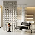 Modern Living Room Black Leather Leisure Chair With Metal Frame And Glass Block Wall