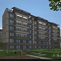 Modern Residential Building with Multiple Balconies Surrounded by Green Lawns Trees and Outdoor Seating Areas