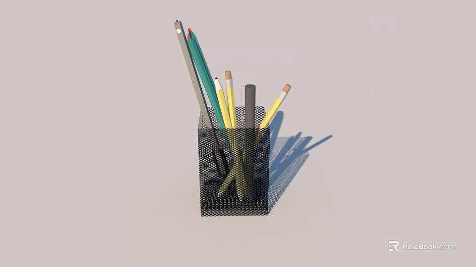 Black Mesh Pencil Holder With Colorful Pencils And Green Pen 3d model 