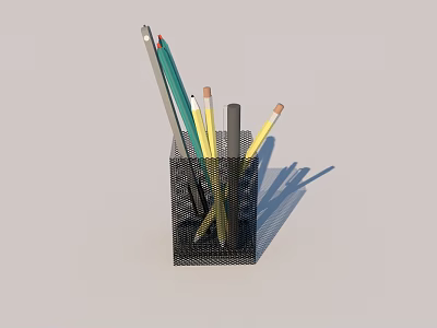 Black Mesh Pencil Holder With Colorful Pencils And Green Pen 3d model