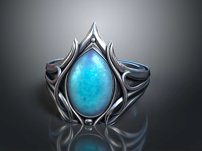 Elegant Silver Fashion Ring With Blue Opal Gemstone And Intricate Ornate Design 3d model