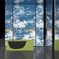 Traditional Decorative Screen with Blue Background White Yellow Landscape Patterns in Modern Bathroom Interior