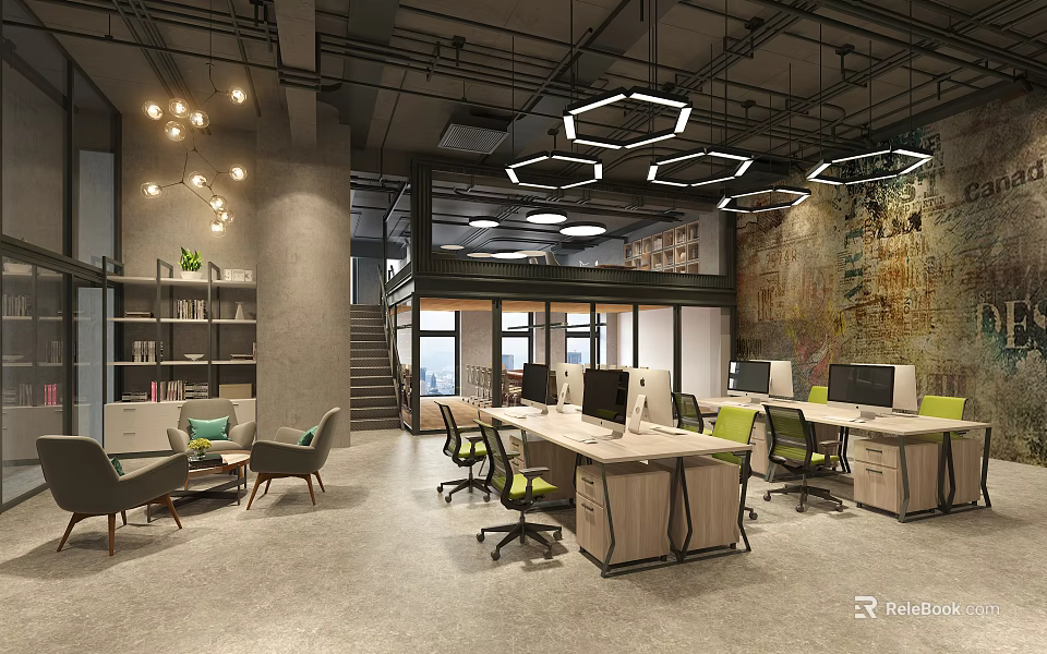 Modern Public Office Space With Open Workstations Computers Pendant Lights And Industrial Wall 3d model 