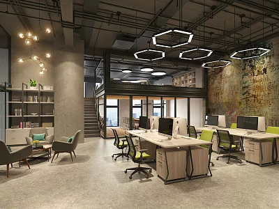 Modern Public Office Space With Open Workstations Computers Pendant Lights And Industrial Wall 3d model