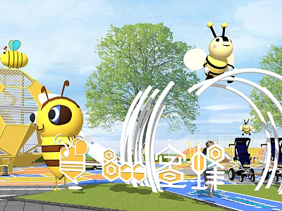 Bee Themed Children's Park With Curved Structures Green Trees And Playful Lawn 3d model