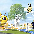 Bee Themed Children's Park With Curved Structures Green Trees And Playful Lawn