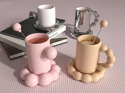 Pink And Beige Mugs With Round Handles On Coasters Near Books And Metal Cups 3d model