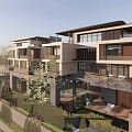 Modern Townhouse Exterior With Large Windows Balconies Green Front Lawn And Yellow Car