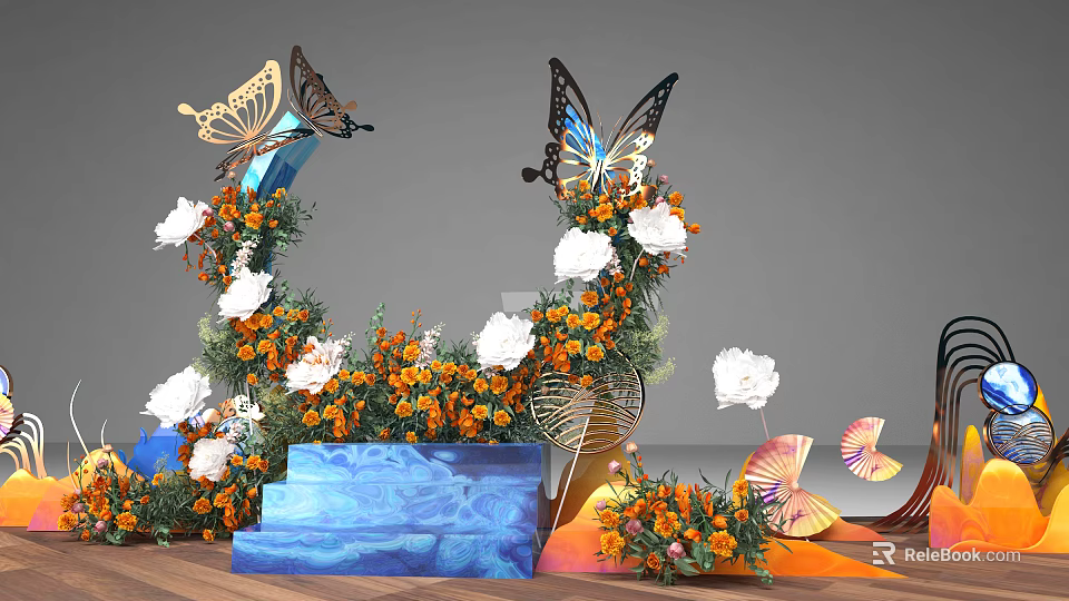 Butterfly Decorations With Orange White Flowers Blue Steps And Fan Ornaments 3d model 